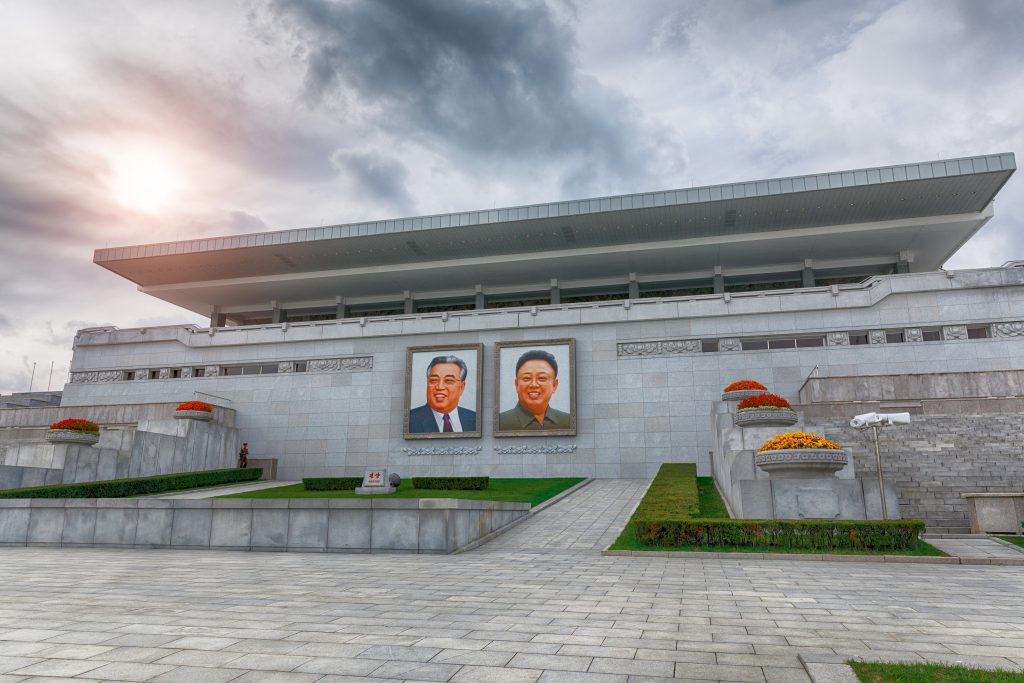 PYONGYANG,NORTH KOREA-OCTOBER 12,2017 Tribune with portraits of the leaders in the main square of the city